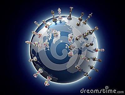 Symbol of geopolitics the world globe with chess pieces Stock Photo