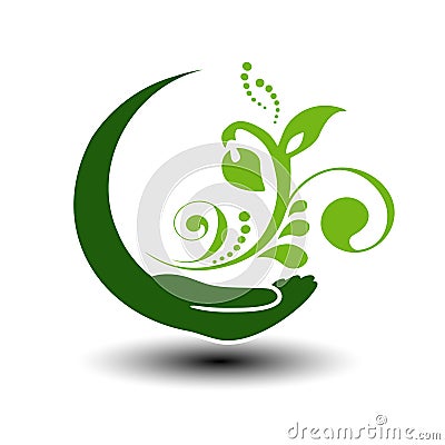 Symbol of green energy. Circular natural element. Hand and flower with leaf. Nature icon. Vector Illustration