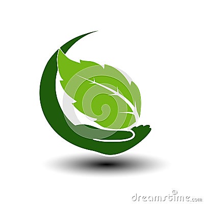 Symbol of green energy. Circular natural element with leaf and hand. Nature icon. Vector Illustration