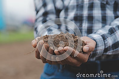 Symbol heart earth day. Handful of dirt hands heart shape. Farm organic earth. Farmer hands soil ground earth dirt garden soil Stock Photo