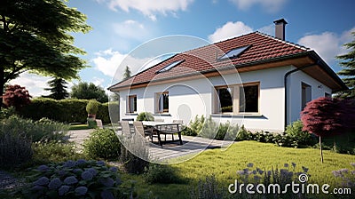 Symbol image single family house: New residential house in front of blue sky. Generative Ai Stock Photo
