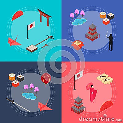 Symbol of Japan Banner Card Set Isometric View. Vector Vector Illustration