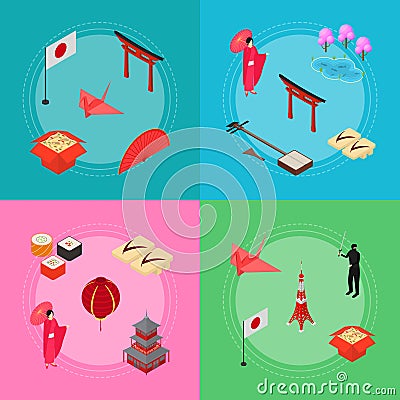 Symbol of Japan Banner Card Set Isometric View. Vector Vector Illustration