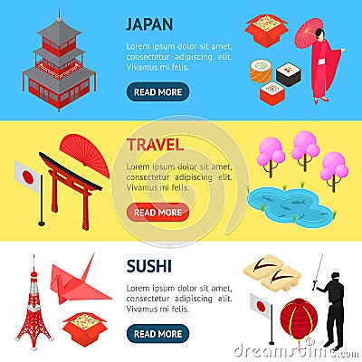 Symbol of Japan Banner Horizontal Set Isometric View. Vector Vector Illustration