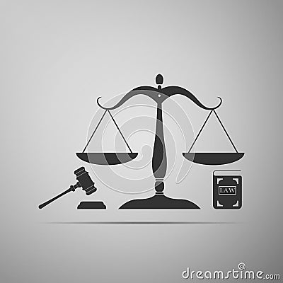 Symbol of law and justice. Concept law. Scales of justice, gavel and book icon isolated on grey. Legal law and auction Vector Illustration