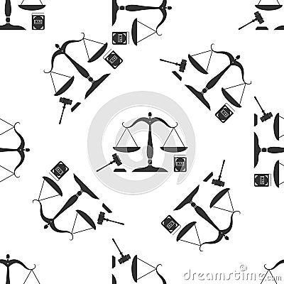 Symbol of law and justice. Concept law. Scales of justice, gavel and book icon seamless pattern on white background Vector Illustration