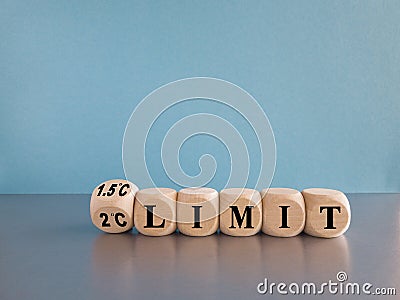 Symbol for limiting global warming. Turned the cube and changes the expression 2 C limit to 1.5 C limit or vice versa. Beautiful Stock Photo