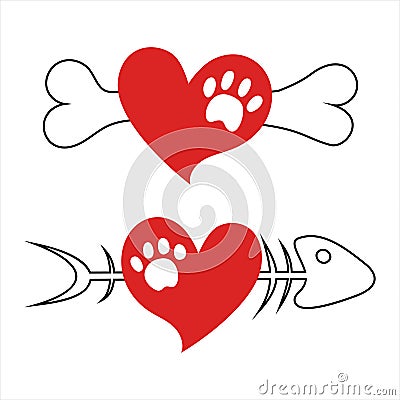 Symbol of love to pets. Bone with heart and paw for dog lover, and fishbone with cats footprint. Icon for veterinary and Vector Illustration