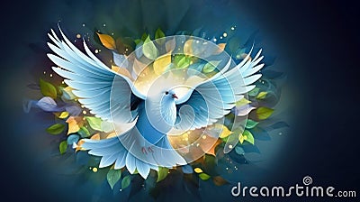Symbol of love, white dove with outspread wings, encircled by vibrant leaves and flowers, glowing in light, on dark blue gradient Stock Photo
