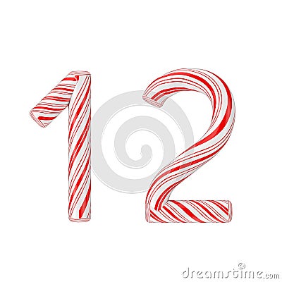 Symbol 1 and 2 Mint Candy Cane Alphabet Letters Numbers Collection Striped in Red Christmas Colour . 3d Rendering Stock Photo