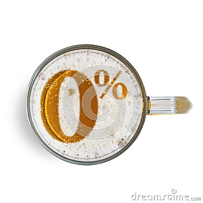 Symbol non alcoholic beer on the beer foam in glass isolated on white background. Top view Stock Photo