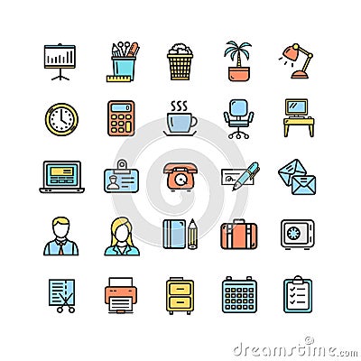 Symbol Office Work Color Thin Line Icon Set. Vector Vector Illustration