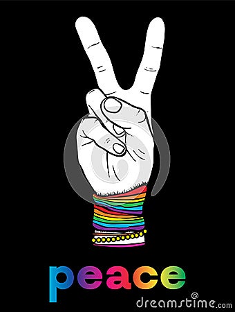 The symbol of pacifism and hippies is a hand with two fingers. Against racism, homophobia and war. Peace. Vector illustration. Vector Illustration