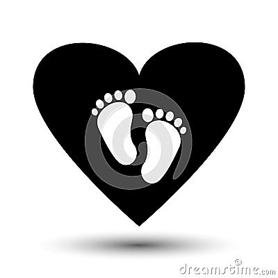Symbol of pregnancy or childbirth. White baby footprints in black heart. Vector Cartoon Illustration