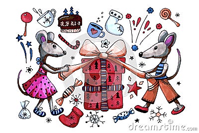 Symbol 2020 rat, mouse celebrate New Year and open gifts. Cartoon hand drawn illustration with markers. For the design Cartoon Illustration