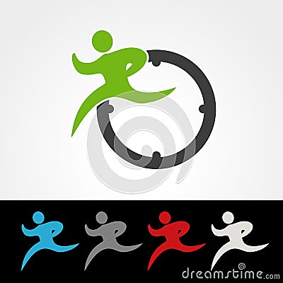 Symbol rate of delivery package or speed icon, silhouette of running man, runner with clock Vector Illustration