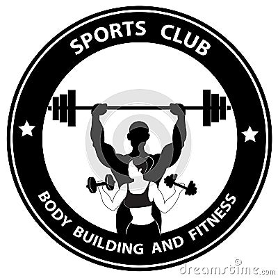 Symbol with silhouettes of man with barbell and woman with dumbbell as a round design for logo Vector Illustration