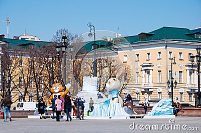 Symbol of the Sochi Olympics on Manezh Square in Moscow on April 13, 2013 in Moscow Editorial Stock Photo