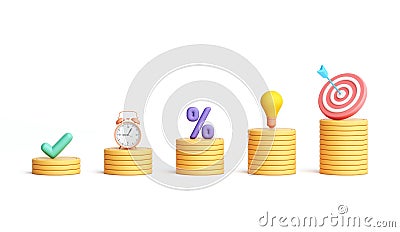 symbol stairs step money coin with light bulb, clock, check mark, archery target and percentage object. success goals investment. Cartoon Illustration