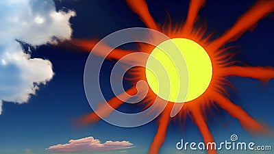 The symbol of the Sun. Drawing of the Sun with rays on a blue sky background. Image of a star. Generated by AI. Stock Photo