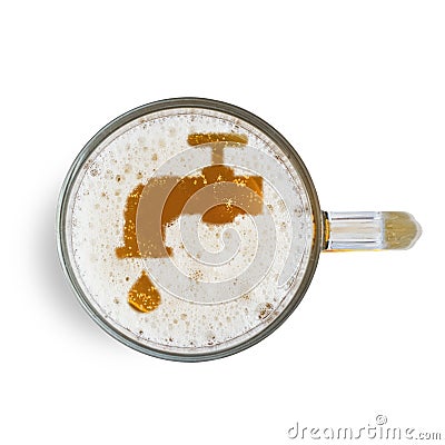 Symbol water tap with drop on the beer foam in glass isolated on white background. Top view. The concept of urination problems Stock Photo