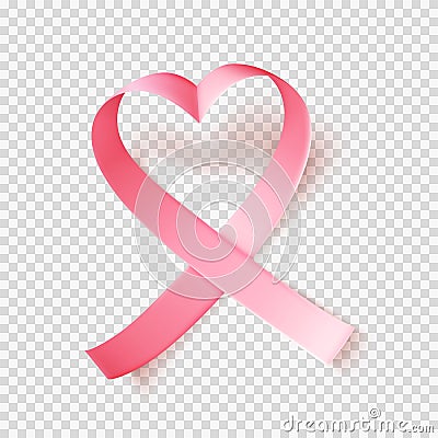 Symbol of world breast cancer awareness month in october. Pink ribbon over transparent background. Heart shaped. Vector Vector Illustration