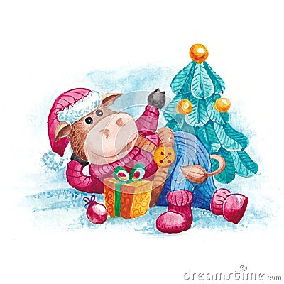 Symbol of 2021 year. Year of the bull. Funny calf lies under the Christmas tree with gifts. Watercolor illustration isolated on Cartoon Illustration