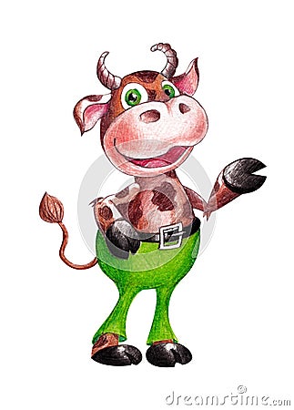 Symbol of 2021 year. Year of the bull. Funny Cow. Watercolor illustration isolated on white Cartoon Illustration