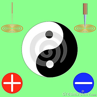 Symbol of yin and yang, black and white, at the corners of the needle, knife, plus and minus Vector Illustration