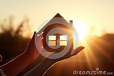 A symbol of your cozy home against the backdrop of the setting sun. Stock Photo