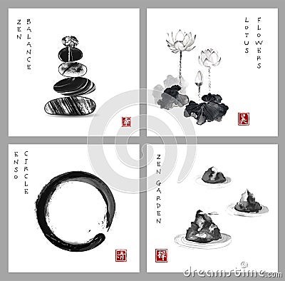 Symbol of zen. Zen balance, enso zen circle, lotus flower and zen garden on white background. Hieroglyph - zen, beauty Vector Illustration