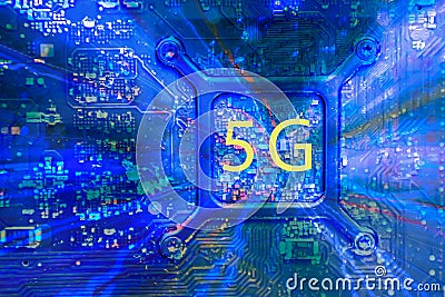 Symbolic Blue Circuit board with 5G network processor illustration. Mobile wireless internet of next generation. Isometric Cartoon Illustration