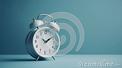 Symbolic connection: heart shape and white alarm clock converge on a peaceful blue background. Stock Photo