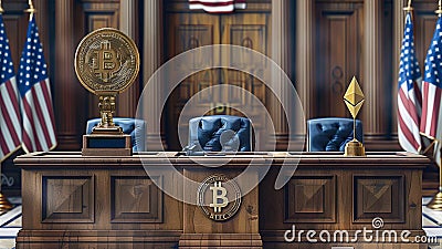 Cryptocurrency in the Courtroom: Bitcoin and Ethereum on the Scales of Justice Stock Photo