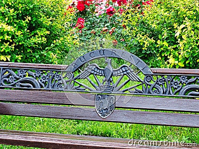 Symbolic Eagle on Bucharest Park Bench, Romania Stock Photo