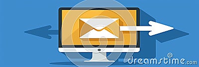 Symbolic email delivery white envelope with arrow pointing to desktop computer screen Stock Photo