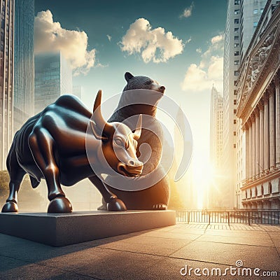 Powerful statue of the bear and bull metaphor for financial institutions in sunlight Stock Photo