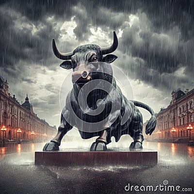 Powerful statue of the bull metaphor for financial institutions in torrential rain Stock Photo