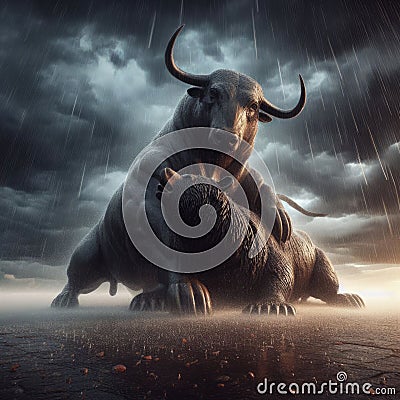 Powerful statue of the bear and bull metaphor for financial institutions in torrential rain Stock Photo