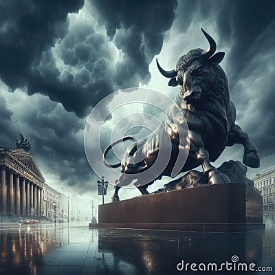 Powerful statue of the bull metaphor for financial institutions in torrential rain Stock Photo
