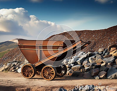 A symbolic image of an empty mining cart beside a heap of unmined rock, highlighting the potential of untouched natural resources Stock Photo