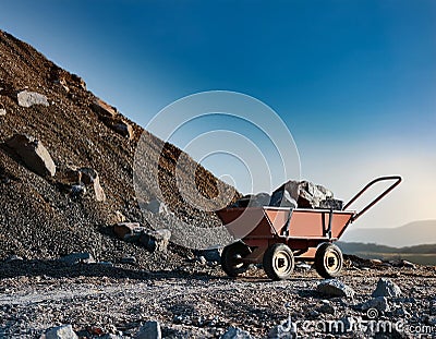 A symbolic image of an empty mining cart beside a heap of unmined rock, highlighting the potential of untouched natural resources Stock Photo