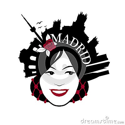 Symbolic image of Madrid. Woman wearing comb with Madrid monuments Vector Illustration