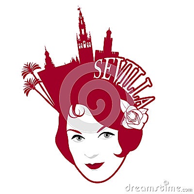 Symbolic image of Seville. Woman wearing comb with Seville monuments Vector Illustration