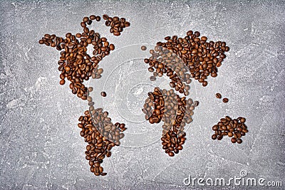 Symbolic image of world map made from roasted coffee beans Stock Photo