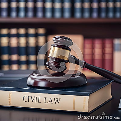 Symbolic legal concept depicted with gavel, book on desk, scholarly environment. Stock Photo