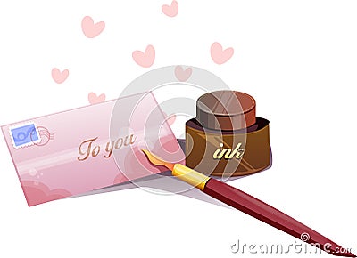 Symbolic Love Letter Icon, Romantic Love Letter to you with Heart, Pen, and Inkwell Vector Illustration