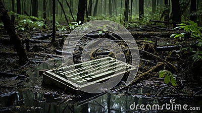 Symbolic Props: A Flooded Forest With A Broken Keyboard Stock Photo