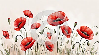 Symbolic Red Poppies: A Tribute to Remembrance Day, Armistice Day, and Anzac Day on a Pastel Background. Stock Photo