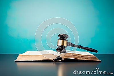symbolic representation of law and justice, featuring a gavel and a law book set against a studio background. Stock Photo